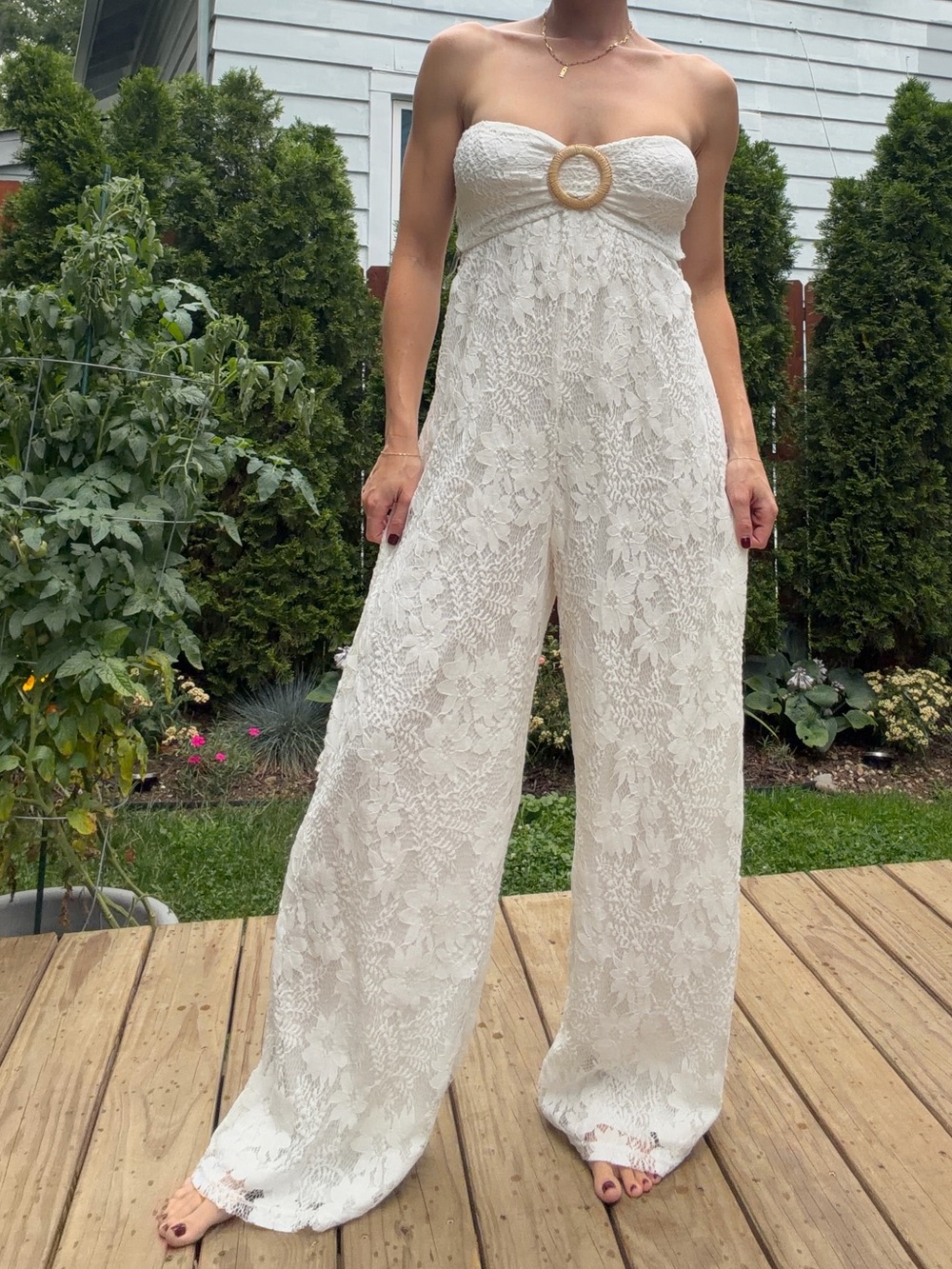12th Tribe Ivory Lace Strapless Wide-Leg Jumpsuit with Ring Detail